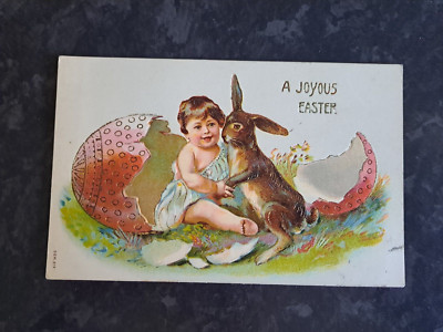 Vintage Postkarte Ostern geprägt vergoldet Hase Häschen Hase Kind Ei