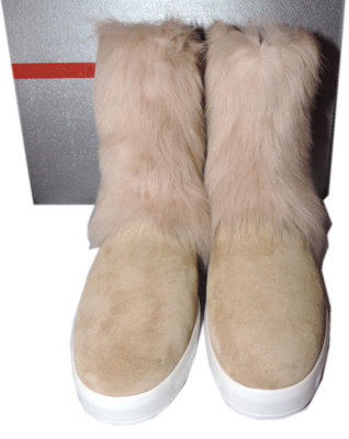 美品プラダベージュファーオープントゥウェッジブーツ PRADA Ankle Sneakers Boots Shearling Booties 39 Genuine Fur Lined