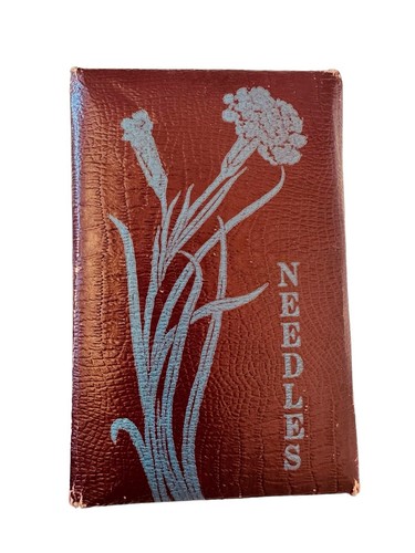 Antique Needle Booklet Double Folding Maroon With Blue Flowers Czechoslovakia