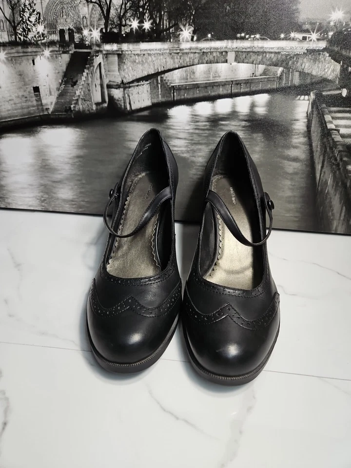 Croft Barrow Cuero Negro 3" Tacones Bomba Mary Jane Elástico Zapatos Sin Cordones 11M Foto 4 de 4
