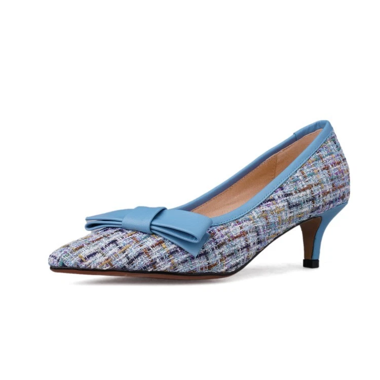 Womens Woven Kitten Heels 4.5cm Bowknot Slip on Court Work OL Dress Pumps Shoes - Image 2 of 4