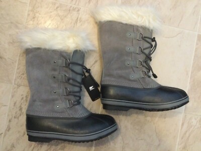 New Sorel Joan Of Arctic Quarry Gray Black Fur Winter Boot Big Kid 7 Women 8 8.5