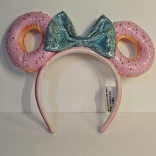 Disney Parks Minnie Mouse Pink Sprinkled Donut Ears Headband Blue Sequin Bow