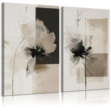 2Pcs Framed Neutral Abstract Canvas Wall Art Floral Pictures Modern Minimalis...