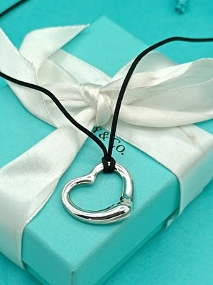 Tiffany & Co Sterling Silver Elsa Peretti  27mm Open Heart Black Cord Necklace 