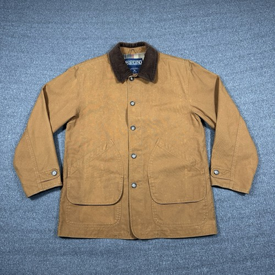 #ad Vintage Lands End Medium Brown Duck Canvas Flannel Lined Chore Barn Jacket Flaw $40.00