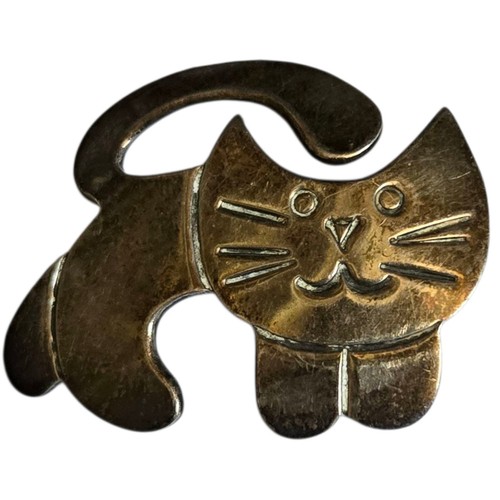 Hernandez Sterling Silver Taxco Mexico Figural Happy Cat Pin Brooch