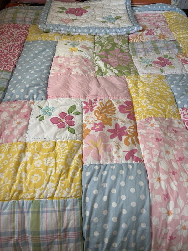 Pottery Barn Kids Patchwork Fluffy Quilt & Sham~ Floral & Plaid Twin Size