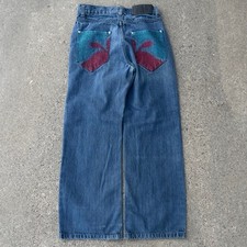 Rocawear Medium Wash Two Tone Red Baggy Wide Leg Jeans Y2K Boys Kids Size 12