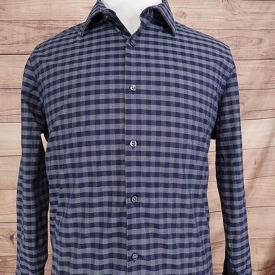 APT 9 Shirt Mens L Blue Check Long Sleeve Button-Up Slim Fit Premier Flex