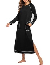 Ekouaer Full Length Nightgown for Women with Pocket - A-black Sleepwear