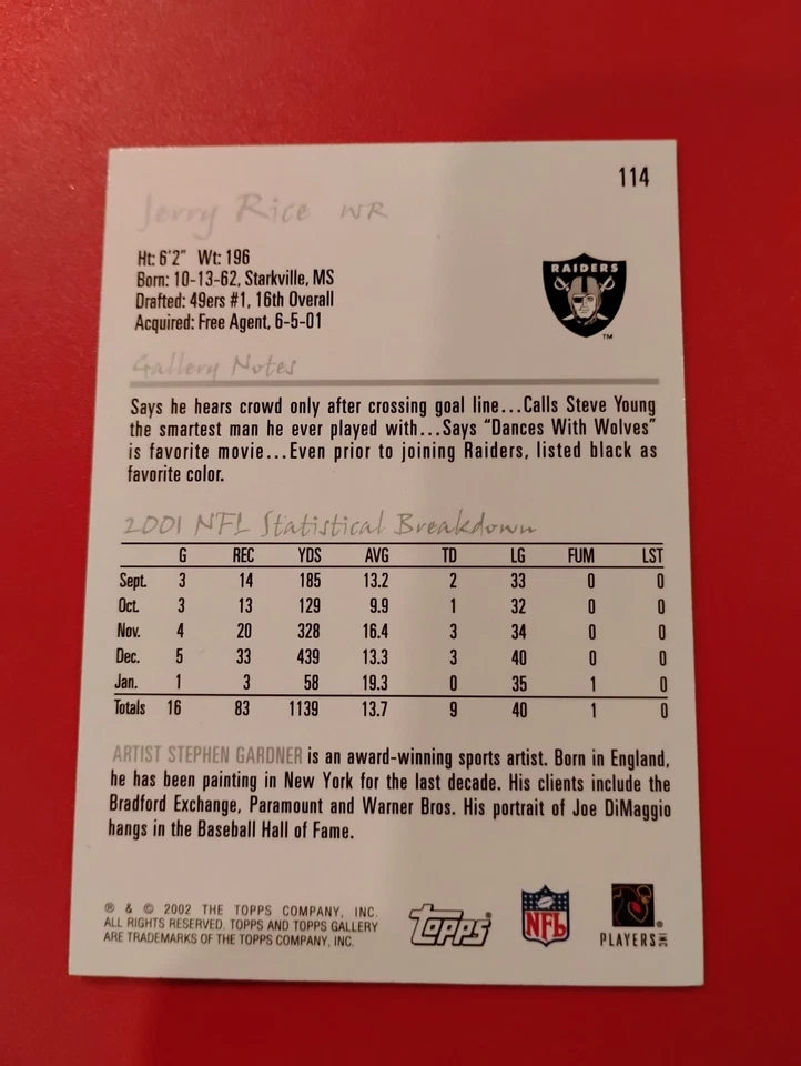 Jerry Rice 2002 Topps Gallery #114  Football Card - Image 2 of 2