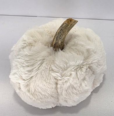 New White Faux Fur Handmade Pumpkin Fall Farmhouse Decor with Real Pumpkin Stem 