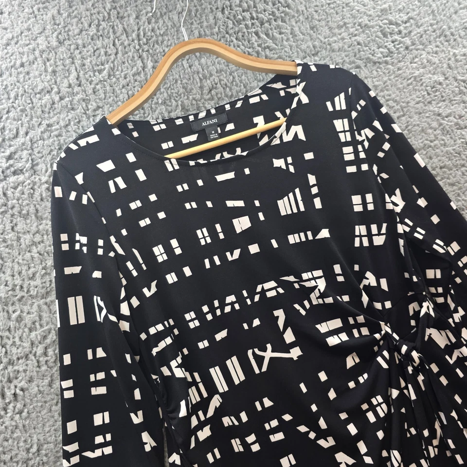 Alfani Womens Blouse Top Size M Black White Stretch Knit Short Sleeve Drape - image 2 of 4