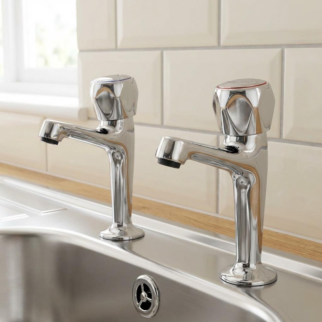 Pair Of Contract Kitchen Sink Pillar Taps Chrome WRAS Approved