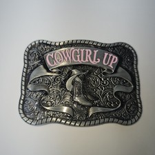 Pink Cowgirl Up Boots  Ribbon Belt Buckle Western Floral Silver Metal 3.5" Wide