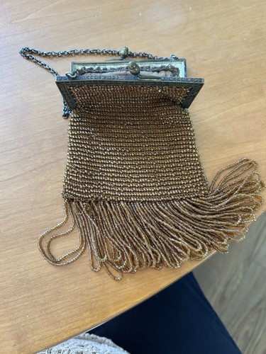 Vintage Handmade Micro Gold Beaded Purse Small Bag With Fringe And Chain Handle