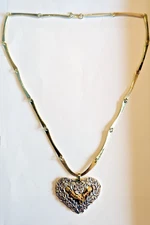 Jeep Collins Sterling  925 Hammered Brass Floral Heart Pendant Bar Link Necklace