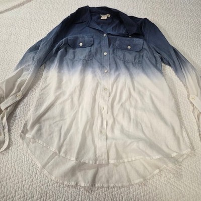 Lucky Brand Blue White Ombre Dip Dye Button Down Shirt Womens Medium Long Sleeve