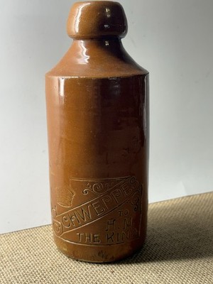 Antique Schweppes Brewed Ginger Beer Bottle To H.M. The King (Bourne Denby)