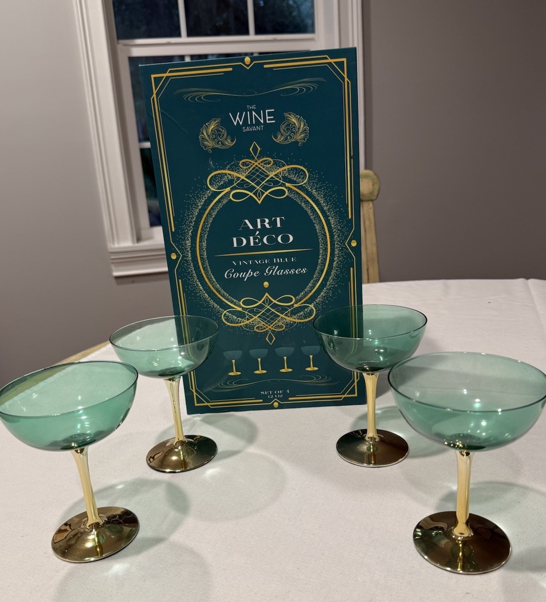 The Wine Savant Green Gold Coupe Art Deco Champagne Glasses Set Of 4 Gift Box
