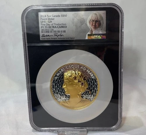 .999 Fine Silver Proof 2024 5 OZ Canada $50 Peace Dollar NGC PF 70 First Day