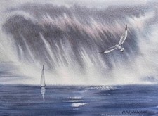 LONELY FISHERMAN BOAT BIRD dipinto arte originale paesaggio CIELO NUVOLOSO paesaggio marino A4