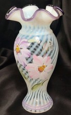 Fenton Heirloom Optics Collection Hand Painted Glass Vase Purple Floral Signed