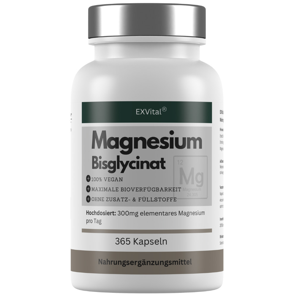 Magnesiumbisglycinat, hochdosiert 1365mg Tagesdosis, 365 Kapseln von EXVital
