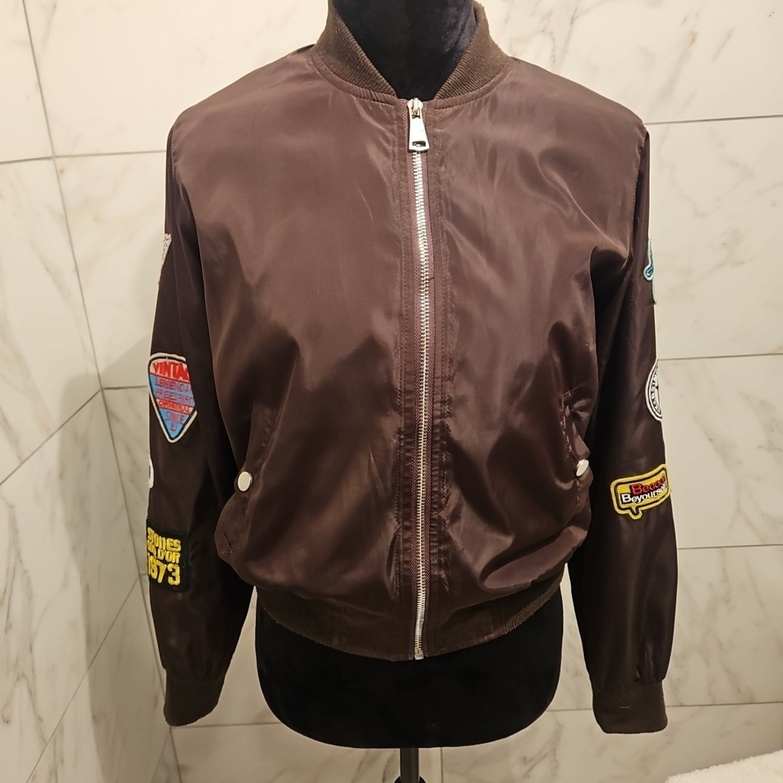 365.5 Brown Bomber Jacket Small Patchwork Patches… - image 1