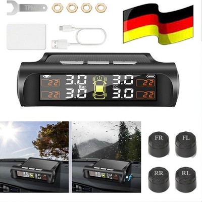 Auto Solar USB LCD Wireless TPMS Reifendruckkontrollsystem&4 externe Sensoren DE