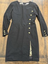 VTG 80s Valentino Miss V Leopard Print Black Dress Gold Turtle Buttons 42 US 8