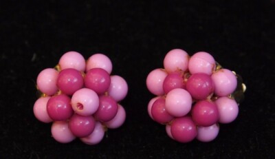 Boucles D'Oreilles Clips Vintage Perle Violette Plastique - Années 60-70 - Authentique