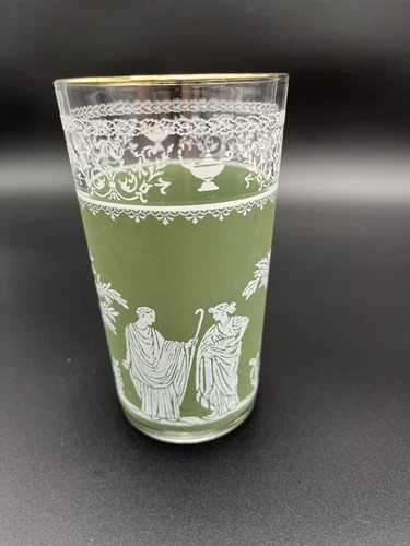 VTG Hellenic Wedgwood Green Jeanette Juice Cup/Glass 5" H 2.75" D 22kt Gold Trim