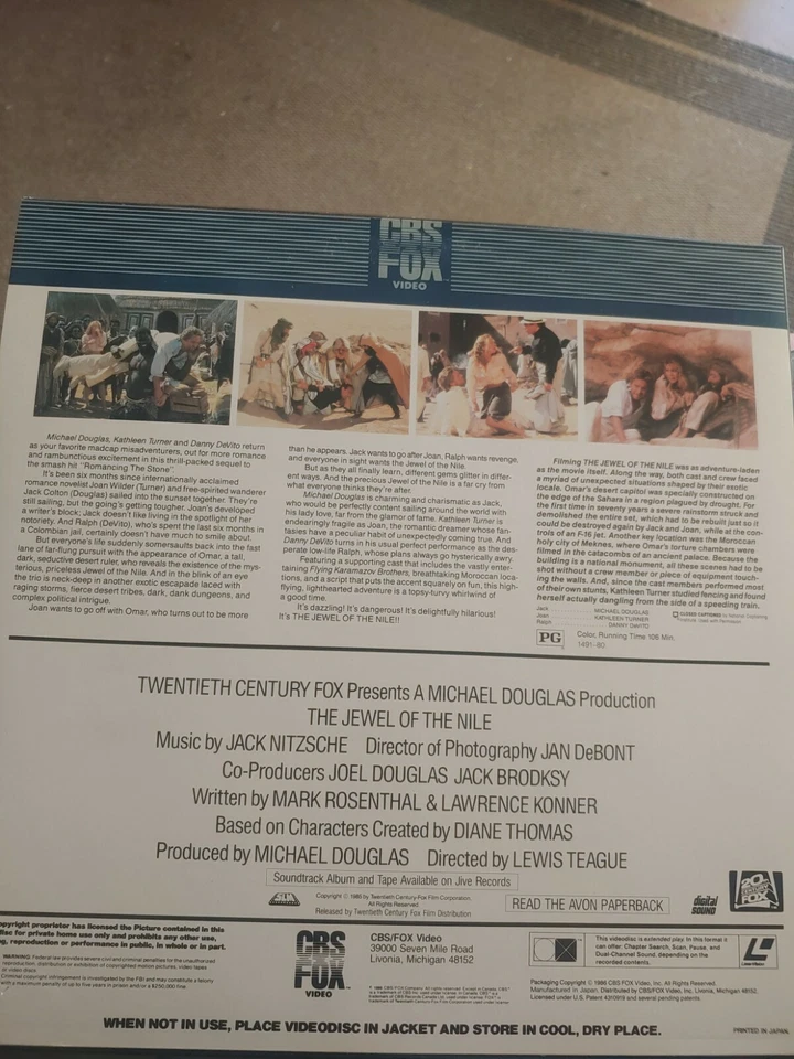 The Jewel Of The Nile Vintage Laserdisc LD Video Movie Danny DeVito VG Cond Foto 2 de 3
