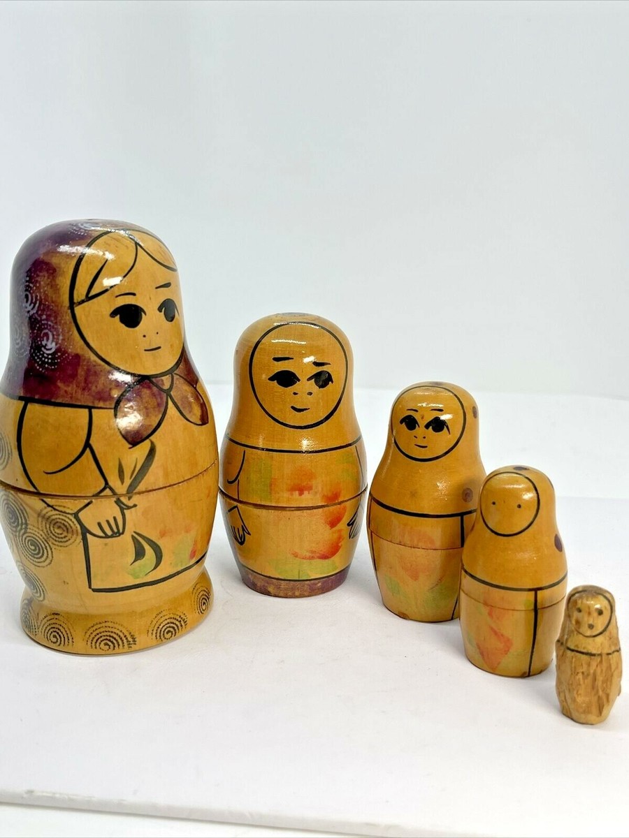 Vintage Russian Nesting Dolls Matryoshka Pyrography Hand Painted 5