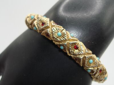 VINTAGE 1970'S ERA FAUX TURQUOISE & RUBY HINGED BANGLE BRACELET! 