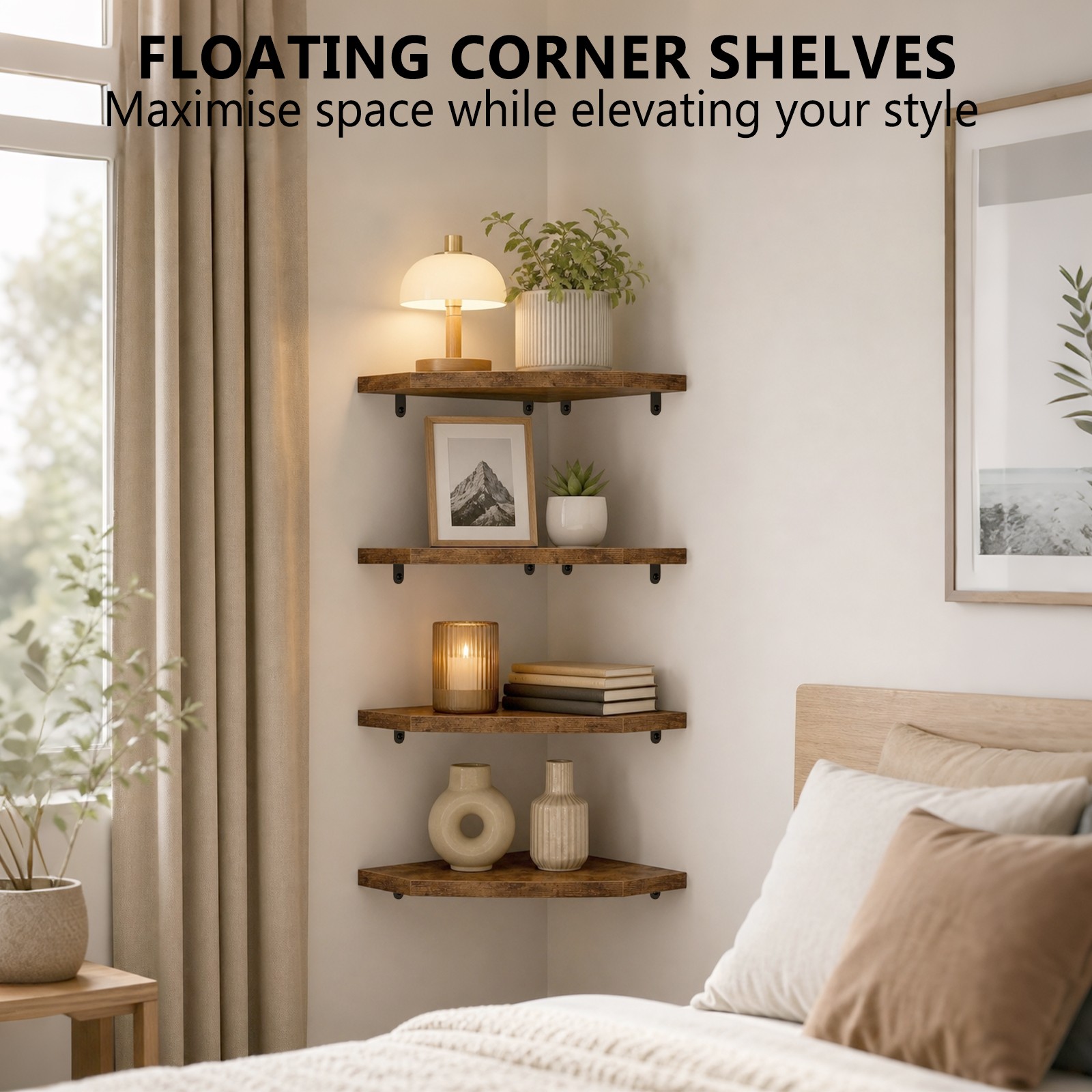 DelSol Corner Shelf Wall Mount Set of 4 Floating Corner Shelves with Cord Hole — image 4