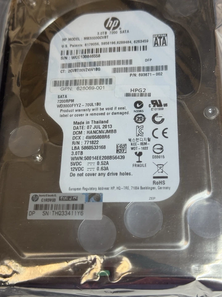 HP 3TB 7200RPM SATA SERVER HDD Hard Drive M/N MB3000GCVBT, P/N 693671-002 - Image 3 of 4