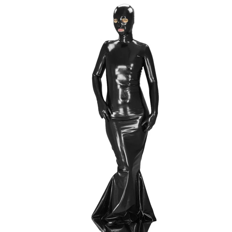Maxikleid aus glänzendem PVC-Leder mit Maske langärmelig figurbetont sexy Outfit - Bild 4 von 4