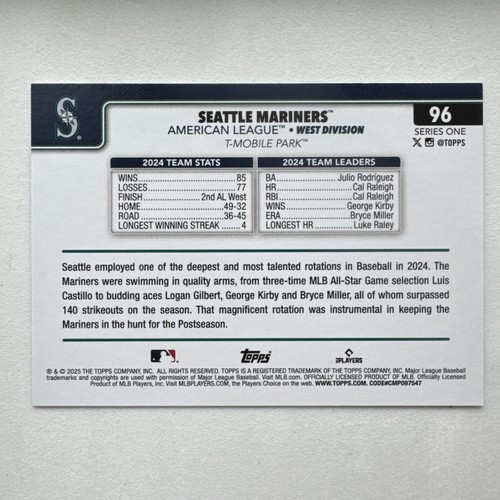 ⭐🦄 2025 Topps Serie 1 - Seattle Mariners #96 Entrenamiento Primavera 🆓📦 - Imagen 2 de 2