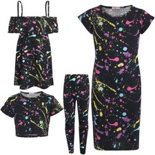 Kids Girls Crop Top Legging Off Shoulder Dress Pastel Splash Print Belly Shirts