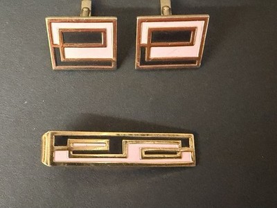 Vintage Anson Cufflinks & Tie Bar Set - Geometric Art Deco Style Pink/Black/Gold