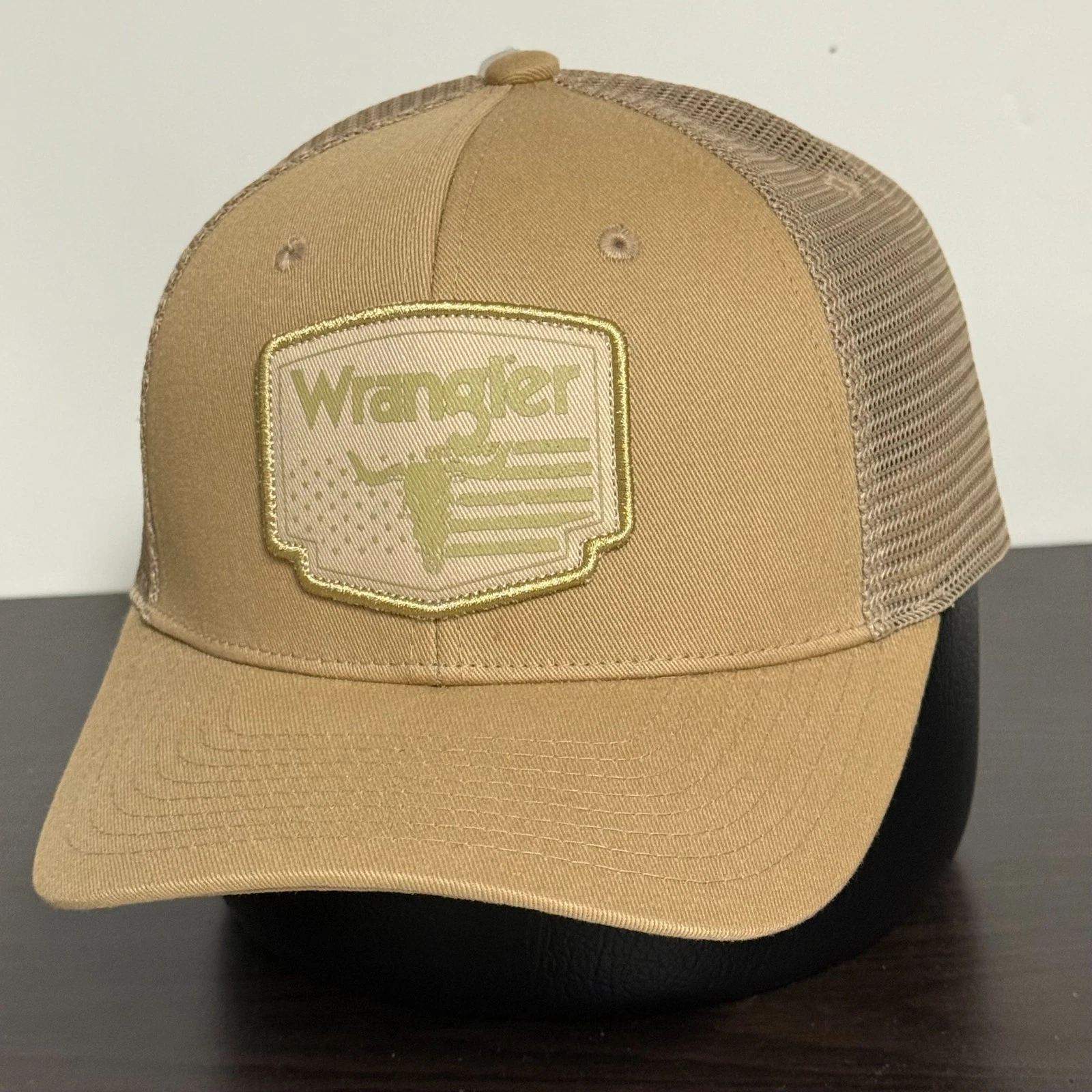 Wrangler Snapback Trucker Hat Beige Adjustable Cap Skull/Flag Logo Patch NEW!