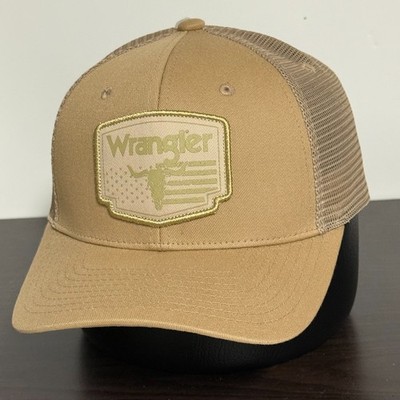 Wrangler Snapback Trucker Hat Beige Adjustable Cap Skull/Flag Logo Patch NEW!