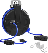 3 Outlet Retractable Extension Cord  - Heavy Duty Electrical Cable, Blue
