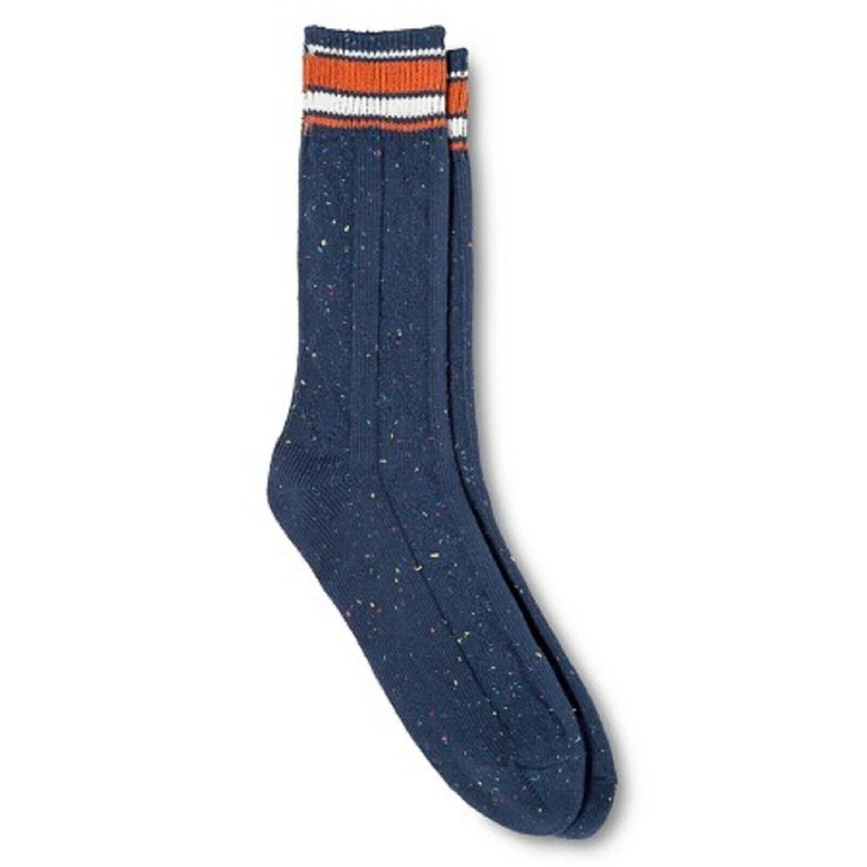 Mossimo Size 6-12 Crew Socks Mens Navy Blue Orange White Stripes Speckled Design - Image 2 of 2