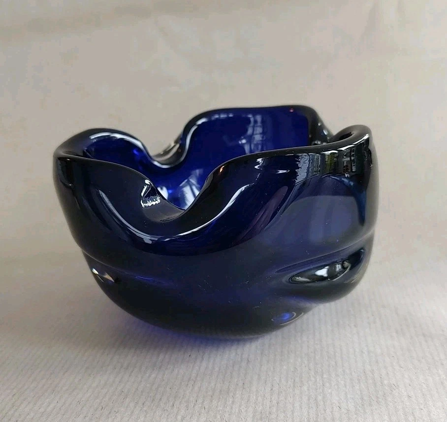 Czech Cobalt Blue Cased In Clear Biomorphic Glass Bowl 3" Tall - Image 4 of 4