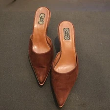 Salpy handcrafted brown suede mules wood base size 10 Made in USA