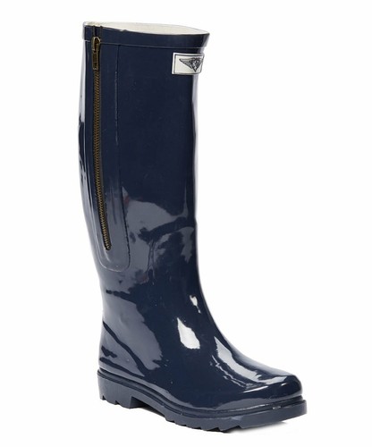Women's Rubber Rain Boots w/ Decorative Side Zipper Closure in Navy Blue & Black - Picture 7 of 7